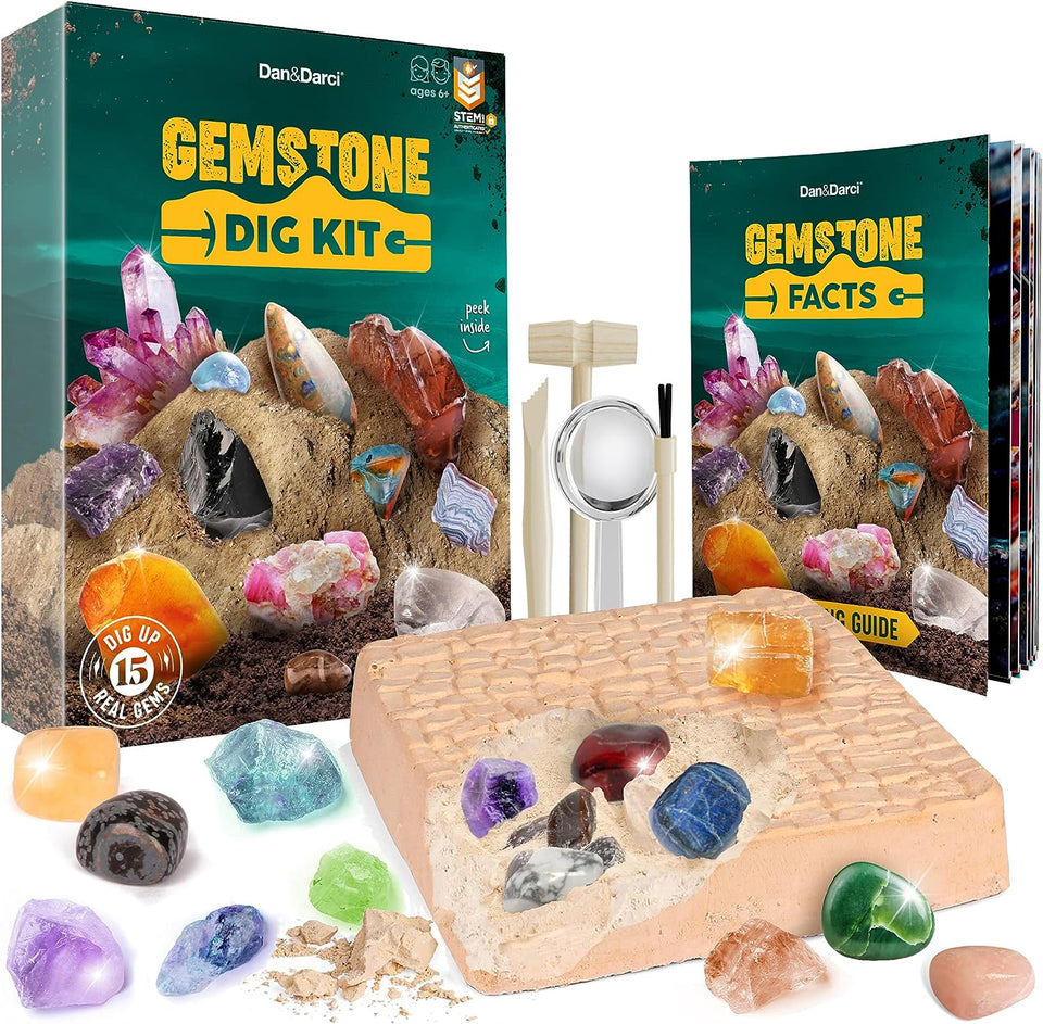 Dan & Darci Mega Gem Dig Kit - Dig up 15 Real Gemstones - Great Science kit, Gemology, Mining Gift for Kids, Boys Girls - Rocks, Minerals, Excavation Toys by Surreal Brands