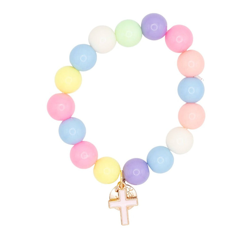 Cross Enamel Pink Charm on Colorful Beaded Stretch Bracelet by Rebecca Accessories